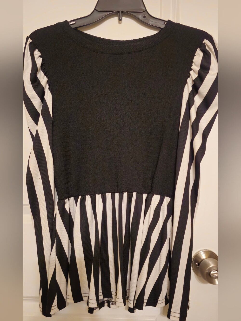 SHEIN Black Top with Black & White Striped Peplum Sleeves